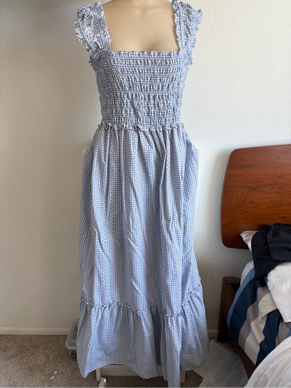 Max Studio Light Blue Gingham Maxi dress with ruffles